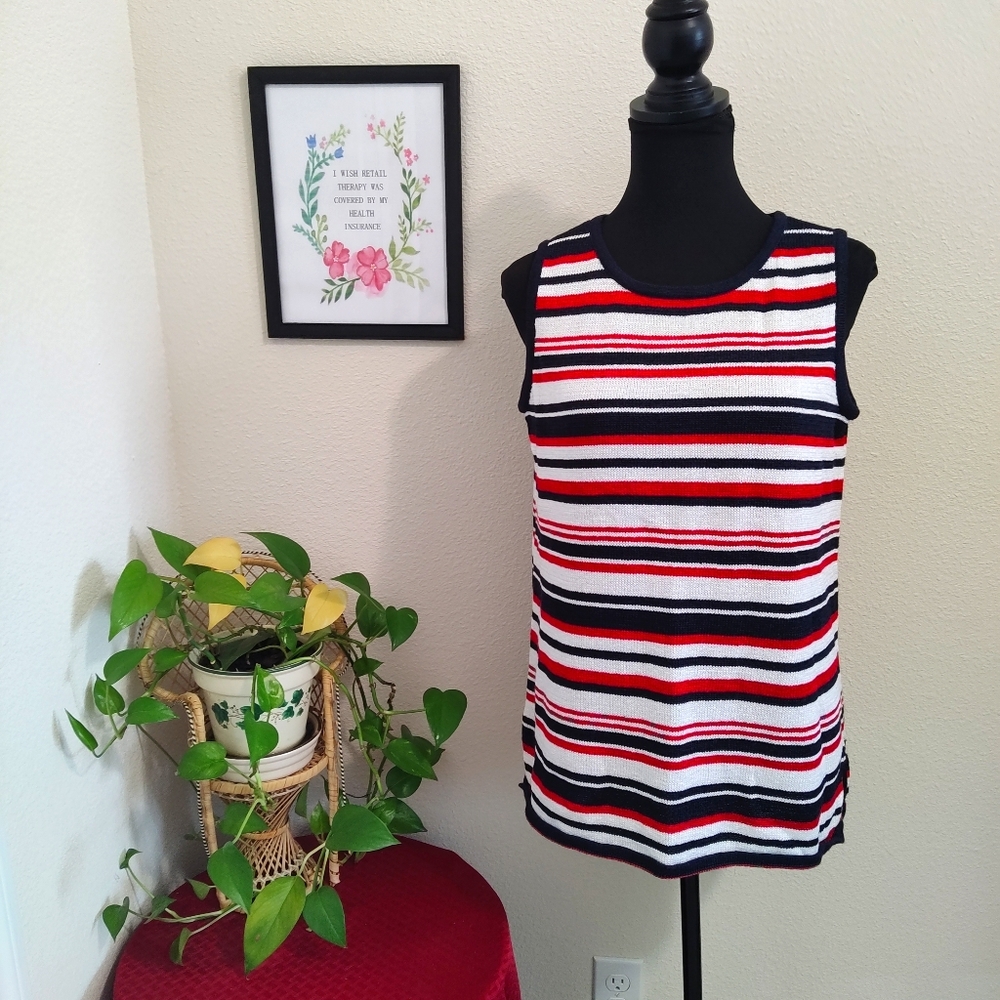 Russ Sleeveless Sweater Vest Womens Large 12-14 Red White Blue Striped Crew Neck